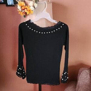 BEBE Black Long Sleeve Top with Pearl Details
